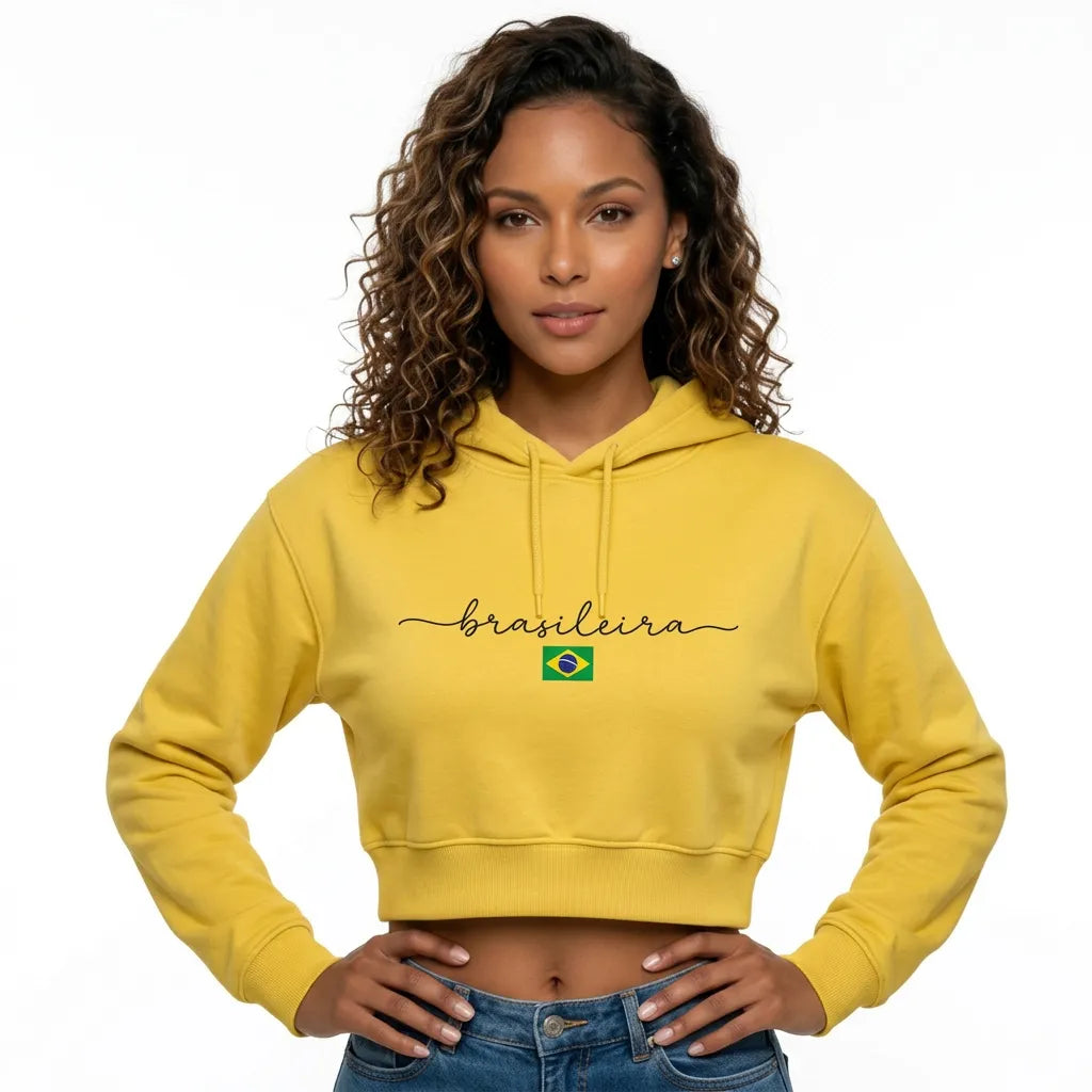 Moletom Cropped Feminino Peluciado Capuz Estampa Brasileira