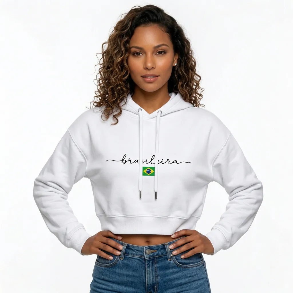 Moletom Cropped Feminino Peluciado Capuz Estampa Brasileira