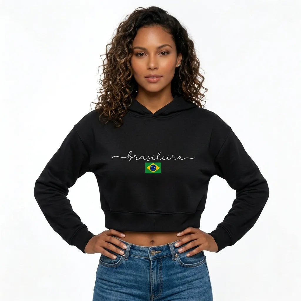 Moletom Cropped Feminino Peluciado Capuz Estampa Brasileira