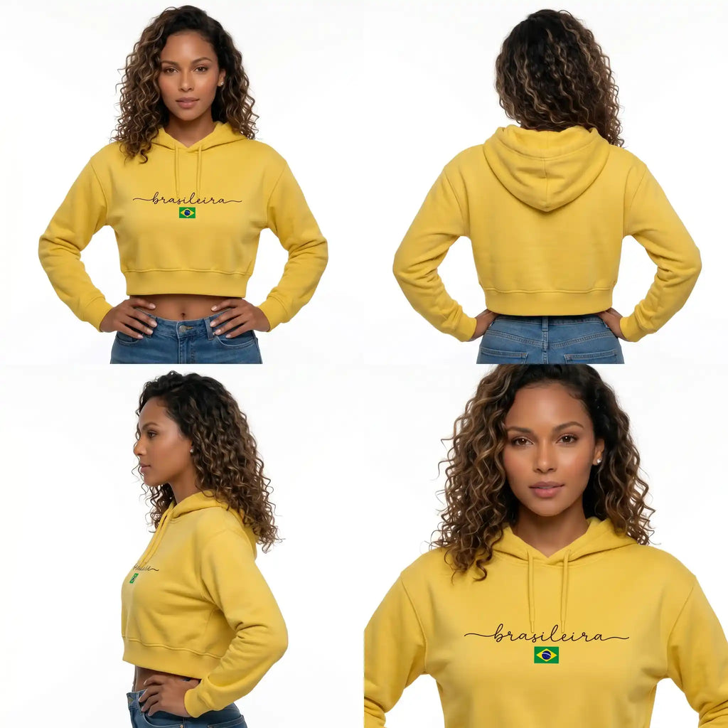 Moletom Cropped Feminino Peluciado Capuz Estampa Brasileira