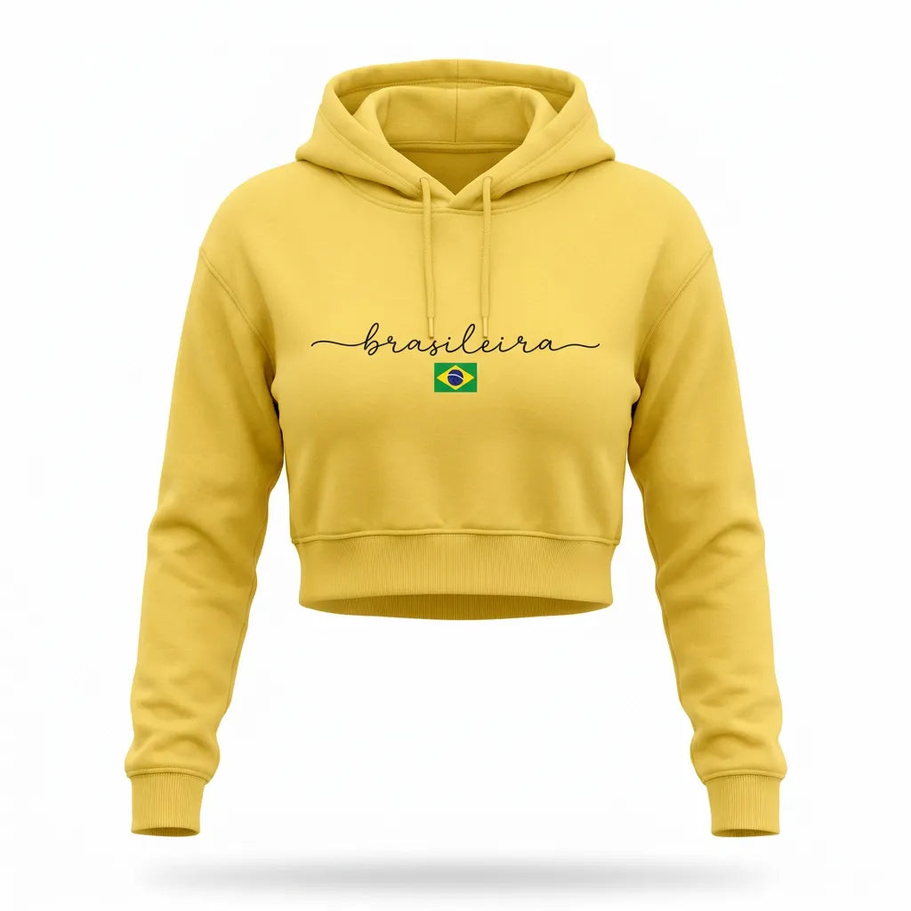 Moletom Cropped Feminino Peluciado Capuz Estampa Brasileira