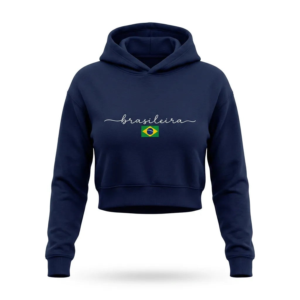 Moletom Cropped Feminino Peluciado Capuz Estampa Brasileira