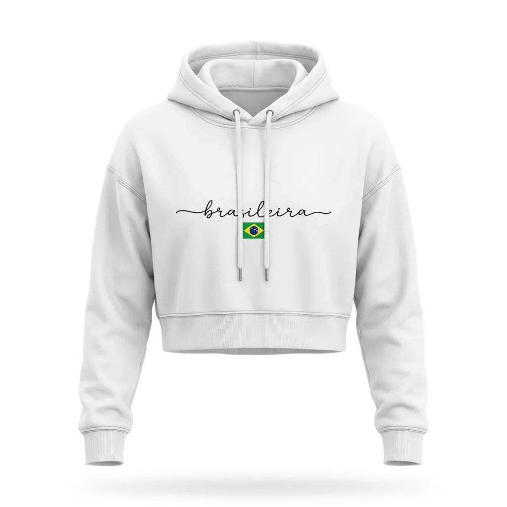 Moletom Cropped Feminino Peluciado Capuz Estampa Brasileira