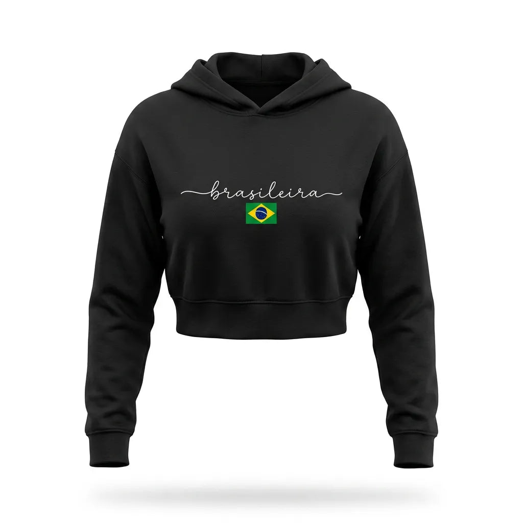 Moletom Cropped Feminino Peluciado Capuz Estampa Brasileira
