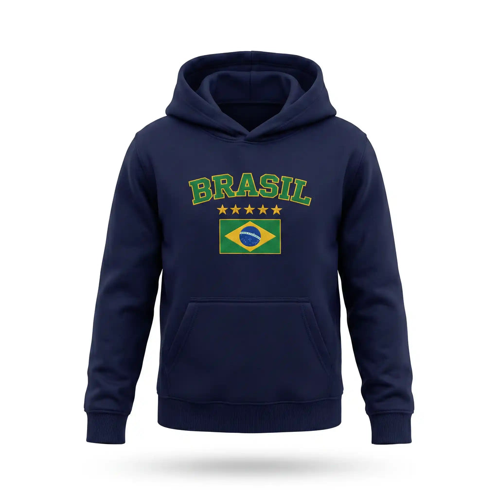 Moletom infantil unissex brasil bandeira azul marinho flanelado — vista frontal — VAI DAR BRASIL Copa 2026