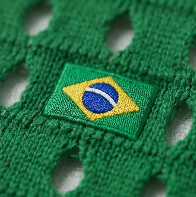 Vista logo da polo masculina slim crochê tricô vazado retrô brasil verde azul marinho — VAI DAR BRASIL Copa 2026