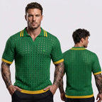 Modelo vestindo polo masculina verde slim tricô crochê vazado retrô brasil — look elegante torcedor Copa 2026 VAI DAR BRASIL