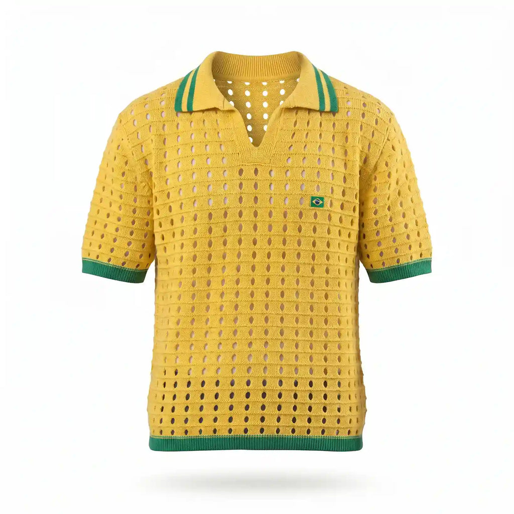 Polo masculina amarela slim tricô vazado retrô verde amarelo cores brasil — vista frontal — VAI DAR BRASIL Copa 2026 elegante