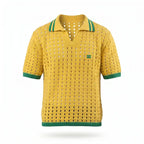 Polo masculina amarela slim tricô vazado retrô verde amarelo cores brasil — vista frontal — VAI DAR BRASIL Copa 2026 elegante