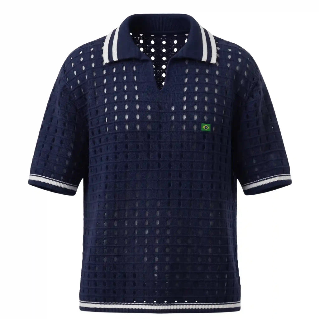 Polo masculina azul marinho slim tricô vazado retrô verde amarelo cores brasil — vista frontal — VAI DAR BRASIL Copa 2026 elegante