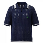 Polo masculina azul marinho slim tricô vazado retrô verde amarelo cores brasil — vista frontal — VAI DAR BRASIL Copa 2026 elegante