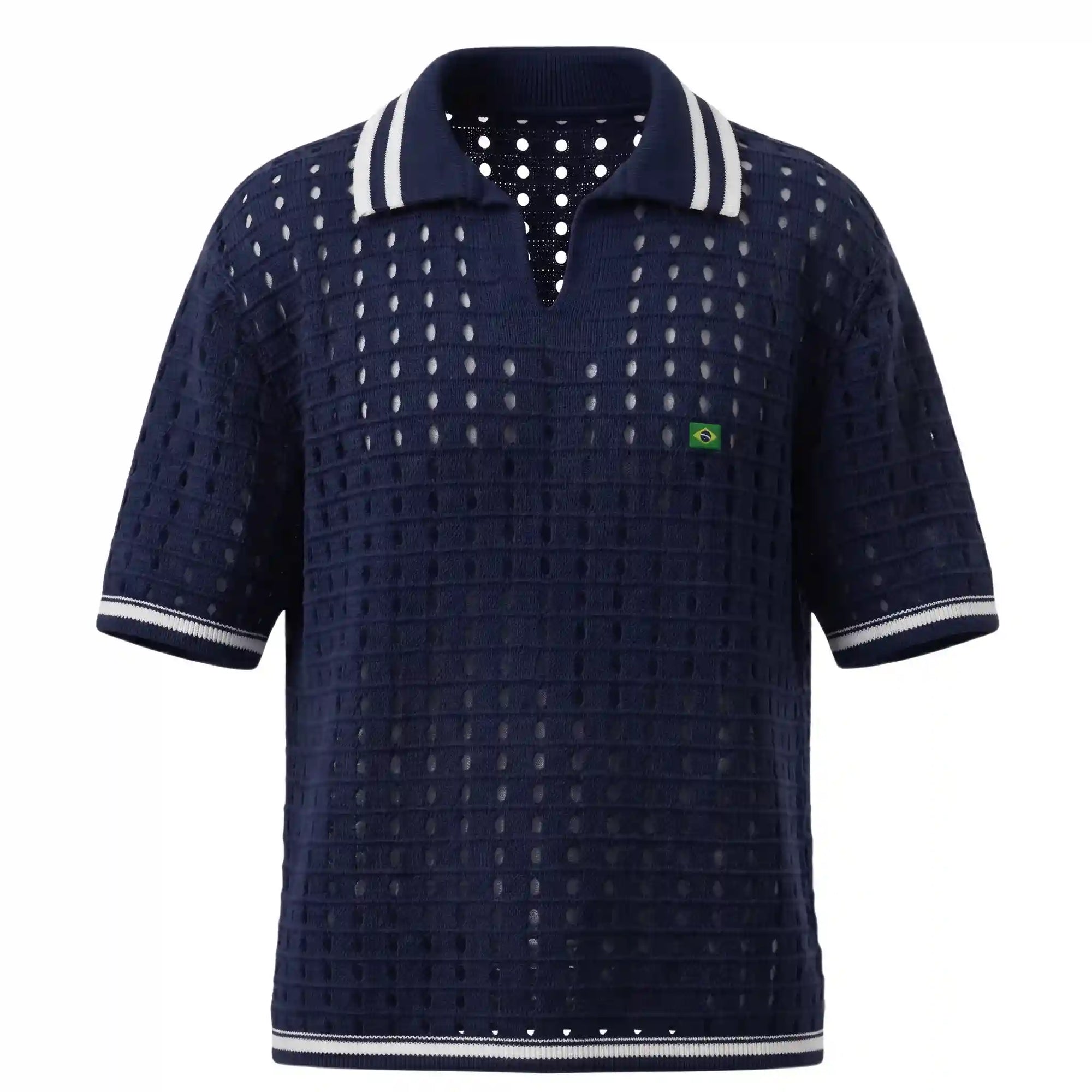 Polo masculina azul marinho slim tricô vazado retrô verde amarelo cores brasil — vista frontal — VAI DAR BRASIL Copa 2026 elegante