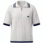 Polo masculina branco slim tricô vazado retrô verde amarelo cores brasil — vista frontal — VAI DAR BRASIL Copa 2026 elegante