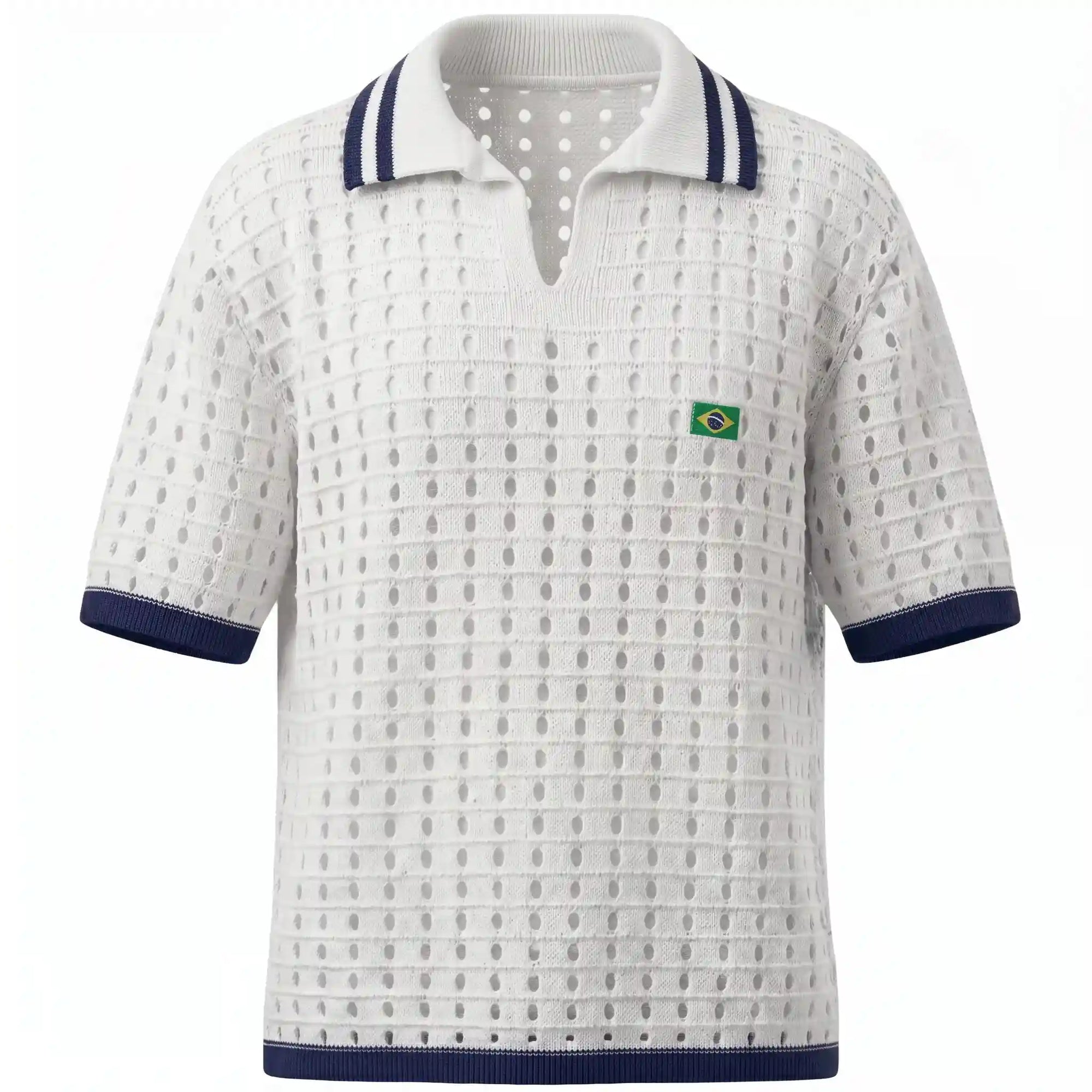 Polo masculina branco slim tricô vazado retrô verde amarelo cores brasil — vista frontal — VAI DAR BRASIL Copa 2026 elegante
