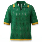 Polo masculina verde slim tricô vazado retrô verde amarelo cores brasil — vista frontal — VAI DAR BRASIL Copa 2026 elegante