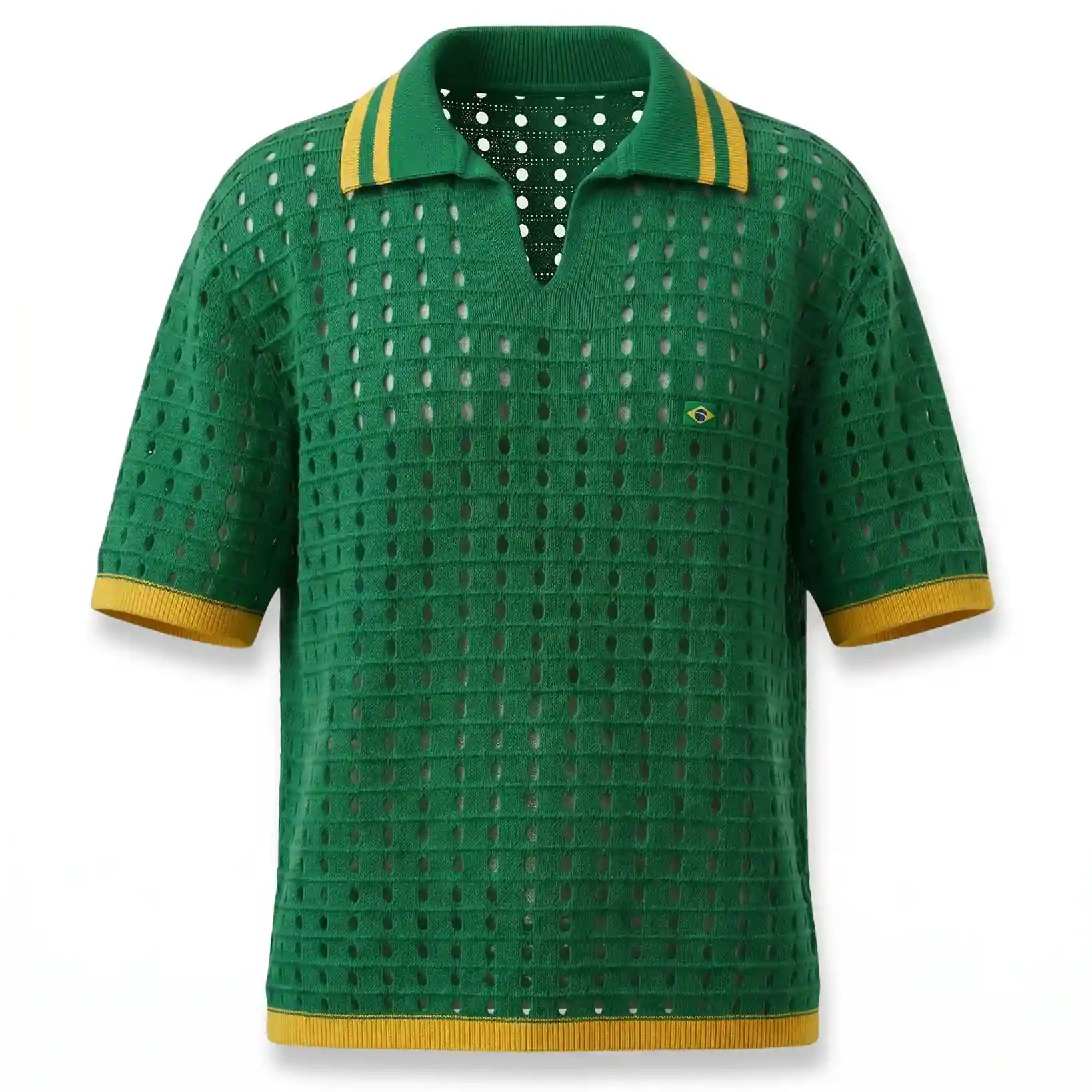 Polo masculina verde slim tricô vazado retrô verde amarelo cores brasil — vista frontal — VAI DAR BRASIL Copa 2026 elegante