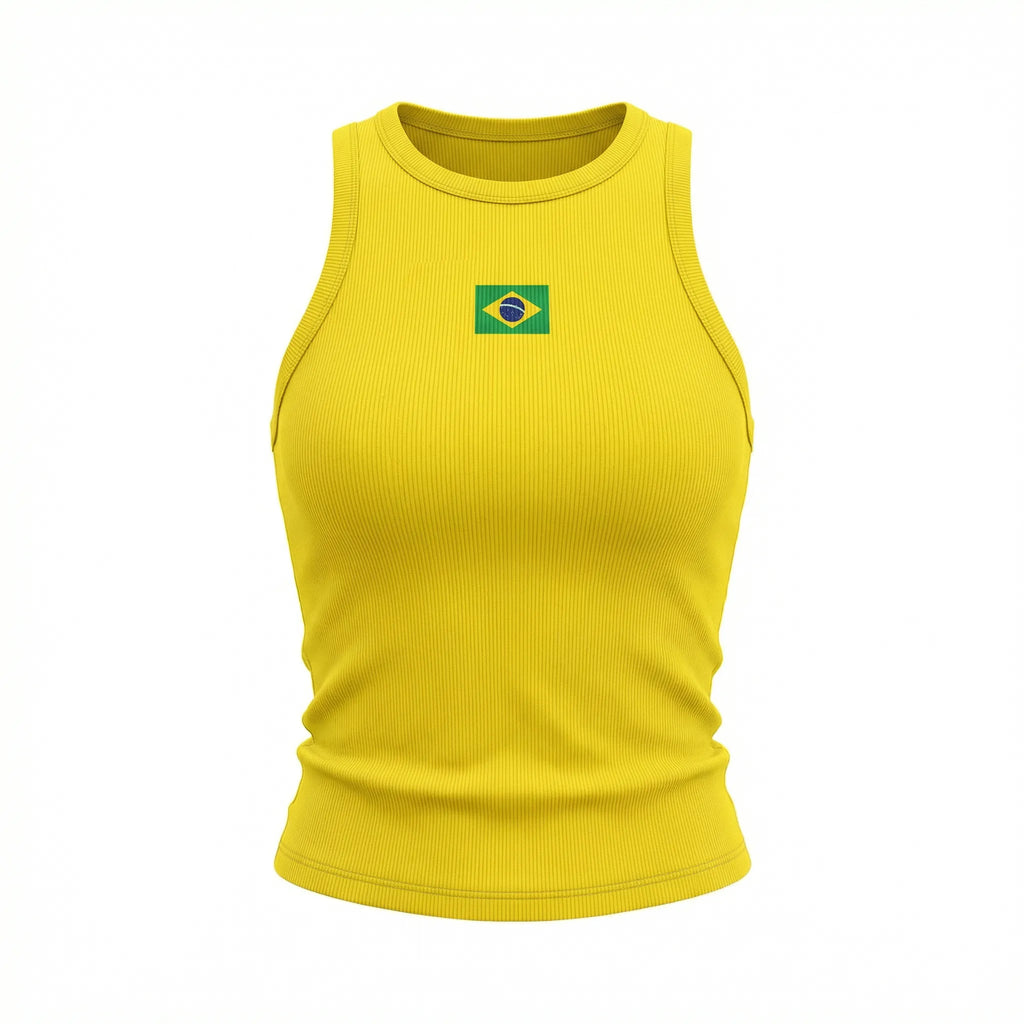Regata brasil canelada baby look amarela com bandeira estampada feminino — VAI DAR BRASIL Copa 2026