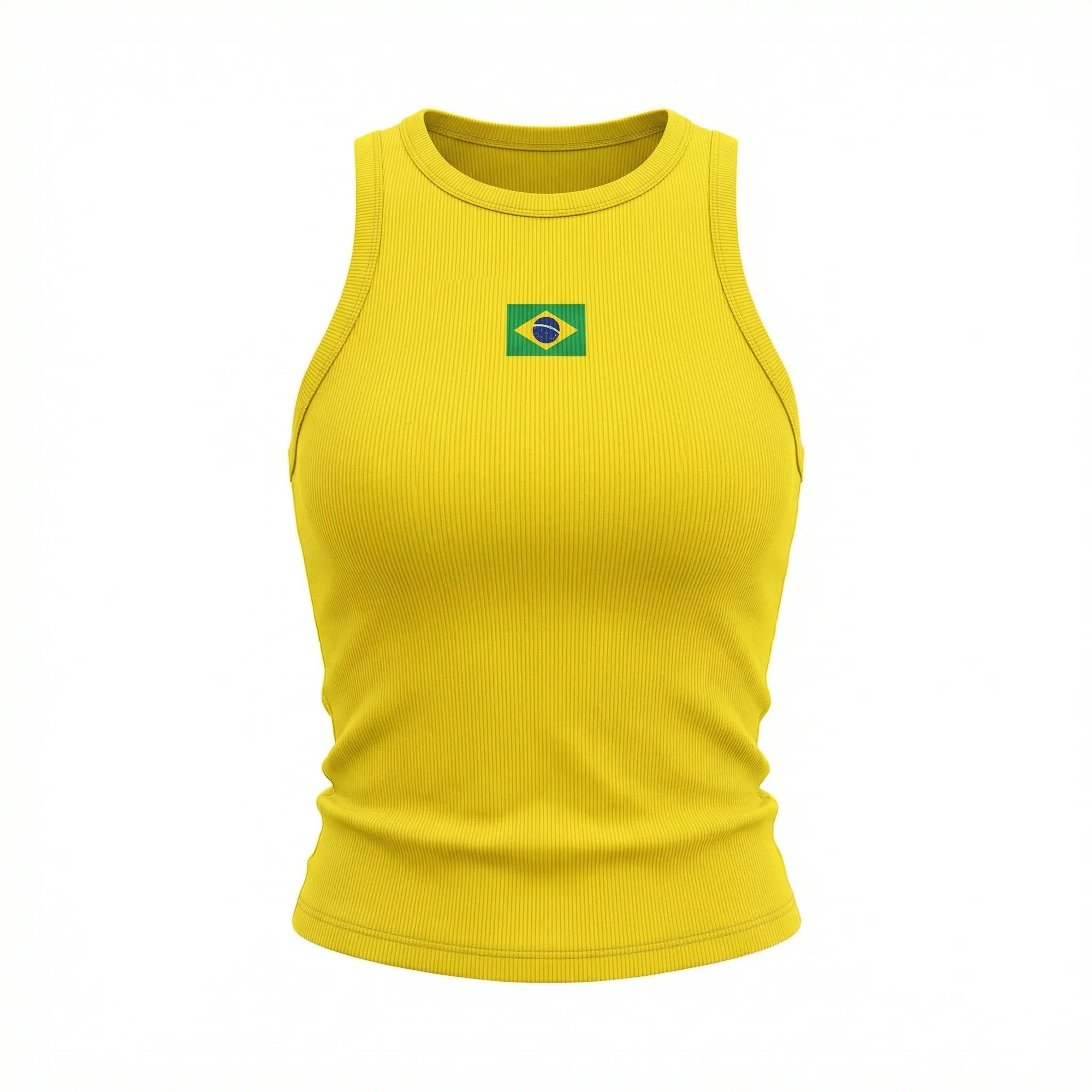 Regata brasil canelada baby look amarela com bandeira estampada feminino — VAI DAR BRASIL Copa 2026