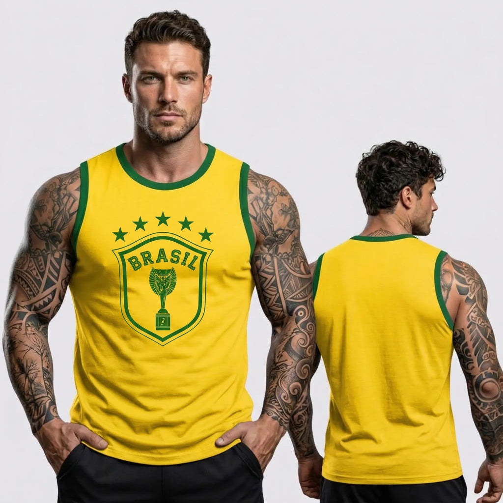 Homem vestindo regata machão brasil estrelas algodão amarela regular VAI DAR BRASIL — torcedor Copa 2026