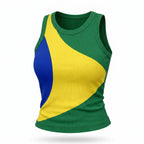Regata feminina ribana canelada slim com estampa verde, amarelo e azul, frente