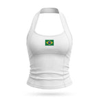 Regata halter feminina brasil efeito silicone suplex branco bandeira — vista frontal — VAI DAR BRASIL Copa 2026
