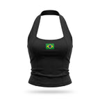 Regata halter feminina brasil efeito silicone suplex preto bandeira — vista frontal — VAI DAR BRASIL Copa 2026