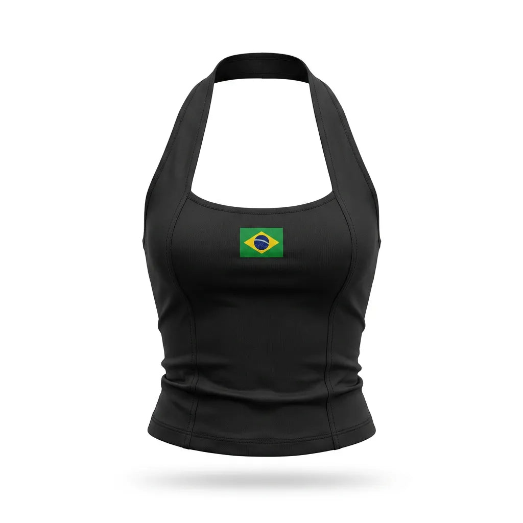 Regata halter feminina brasil efeito silicone suplex preto bandeira — vista frontal — VAI DAR BRASIL Copa 2026