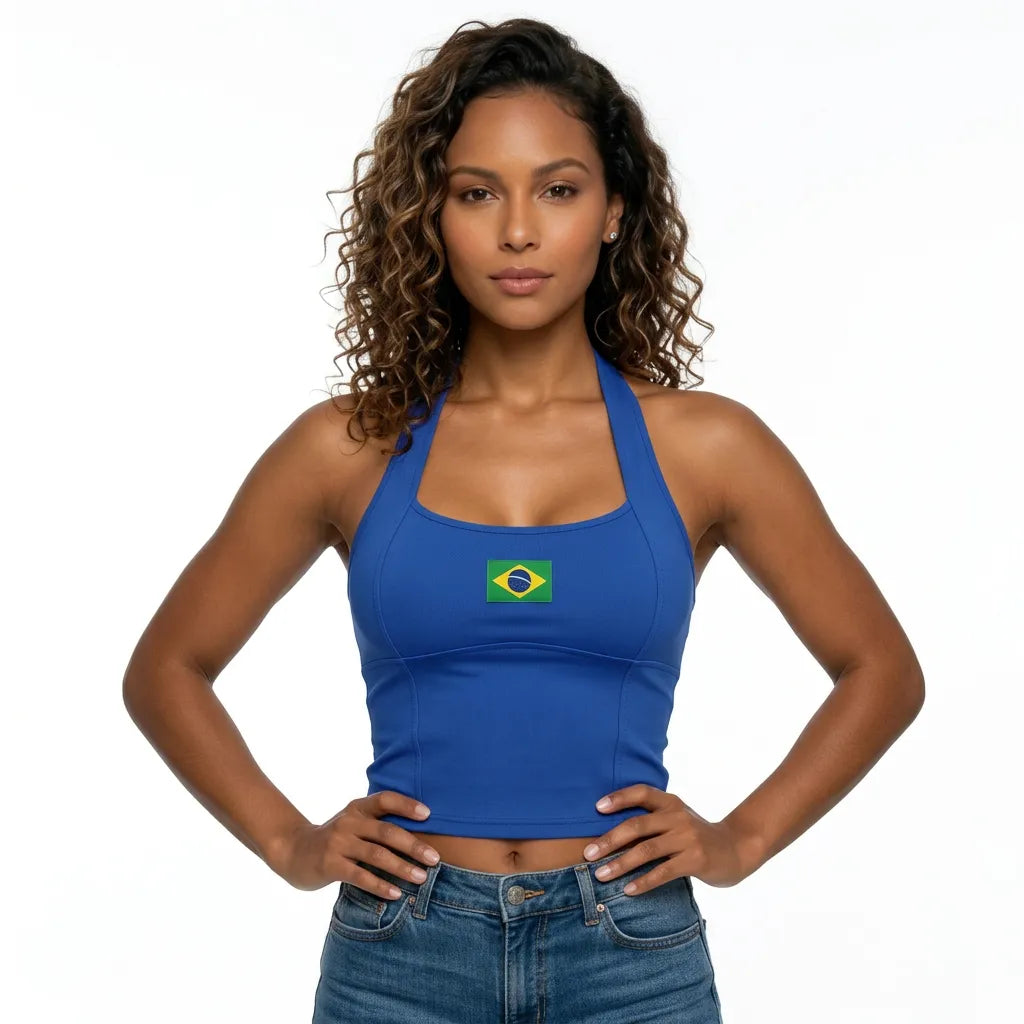 Modelo vestindo regata halter brasil efeito silicone suplex azul — look torcida Copa 2026 VAI DAR BRASIL