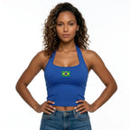 Modelo vestindo regata halter brasil efeito silicone suplex azul — look torcida Copa 2026 VAI DAR BRASIL