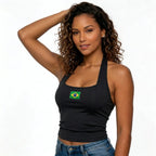 Modelo vestindo regata halter brasil efeito silicone suplex preto — look torcida Copa 2026 VAI DAR BRASIL