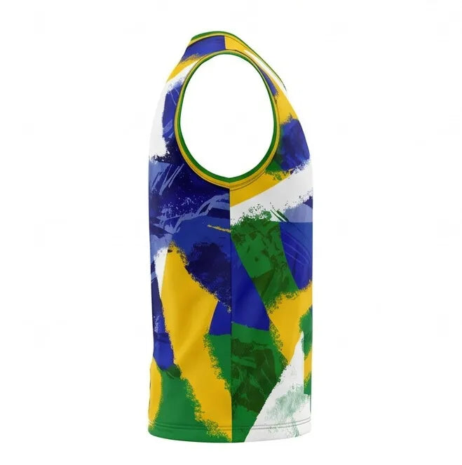 Vista traseira da regata masculina slim dry-fit brasil bandeira estilizada verde amarelo azul — VAI DAR BRASIL Copa 2026
