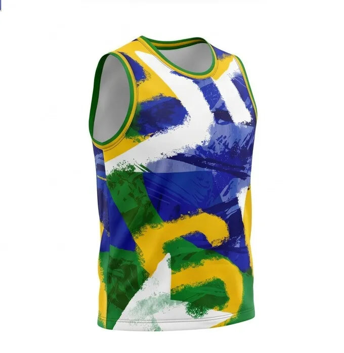 Regata machão masculina slim dry-fit verde amarelo bandeira brasil — vista frontal — VAI DAR BRASIL Copa 2026