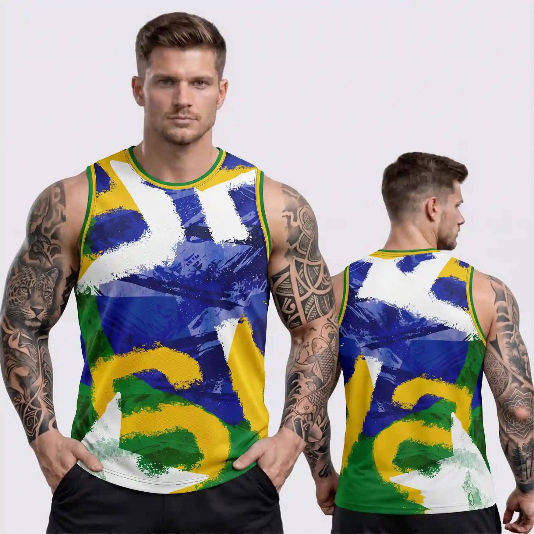 Modelo vestindo regata machão masculina slim dry-fit brasil bandeira verde — look torcedor Copa 2026 VAI DAR BRASIL