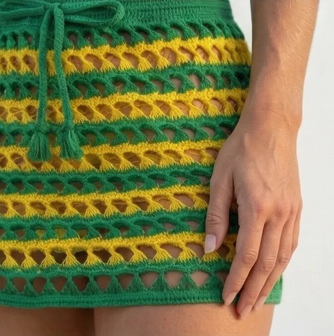 Vista traseira saia saída praia tricot brasil bordada verde feminino VAI DAR BRASIL — Copa 2026