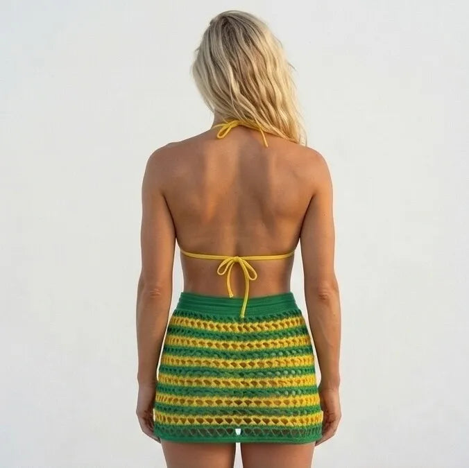 Vista traseira saia saída praia tricot brasil bordada verde feminino VAI DAR BRASIL — Copa 2026