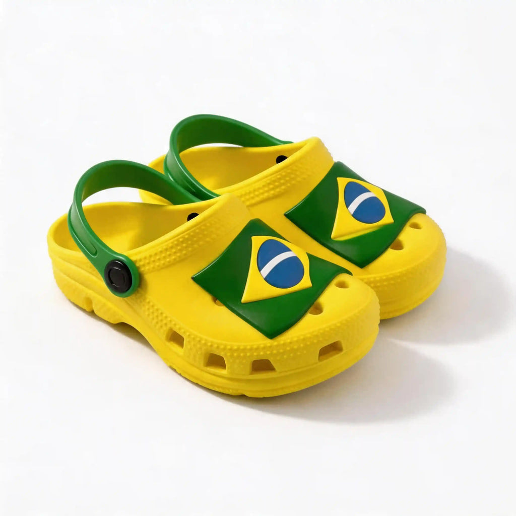 Sandália infantil papete brasil amarelo azul estampa bandeira seleção — vista frontal — VAI DAR BRASIL Copa 2026