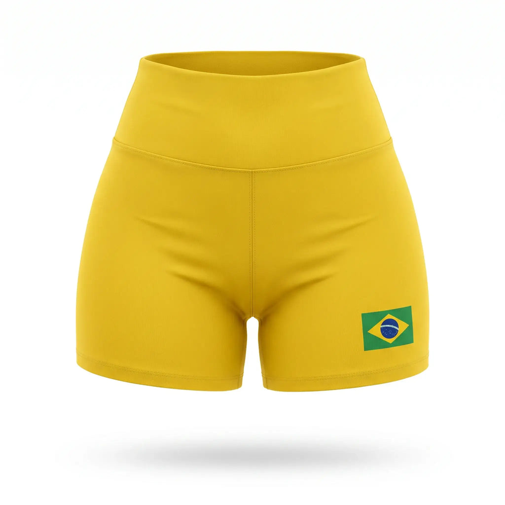 Short academia feminino brasil suplex forrado bandeira amarelo — vista frontal — VAI DAR BRASIL Copa 2026