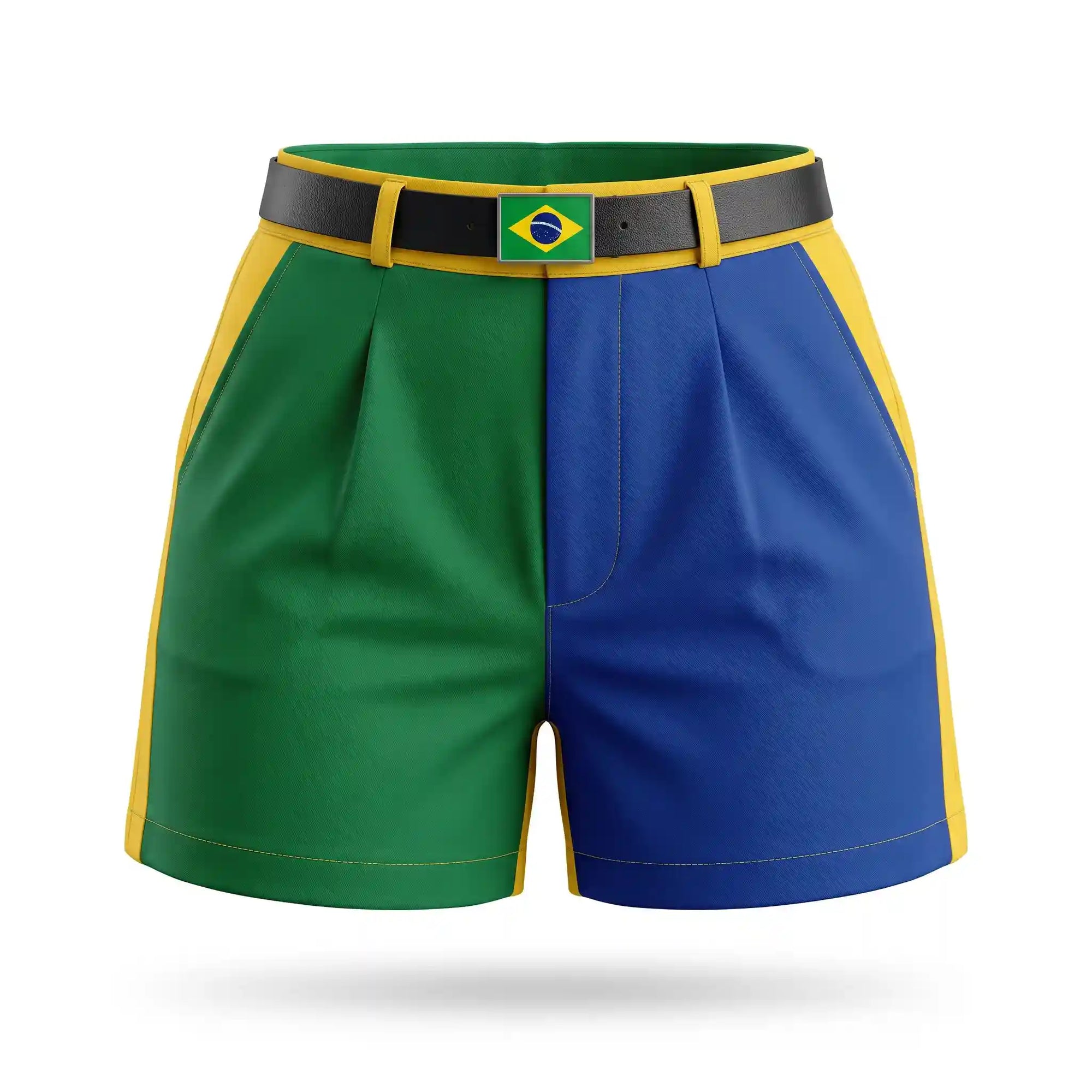 Short alfaiataria feminino brasil cintura alta cinto fivela verde amarelo — vista frontal — VAI DAR BRASIL Copa 2026
