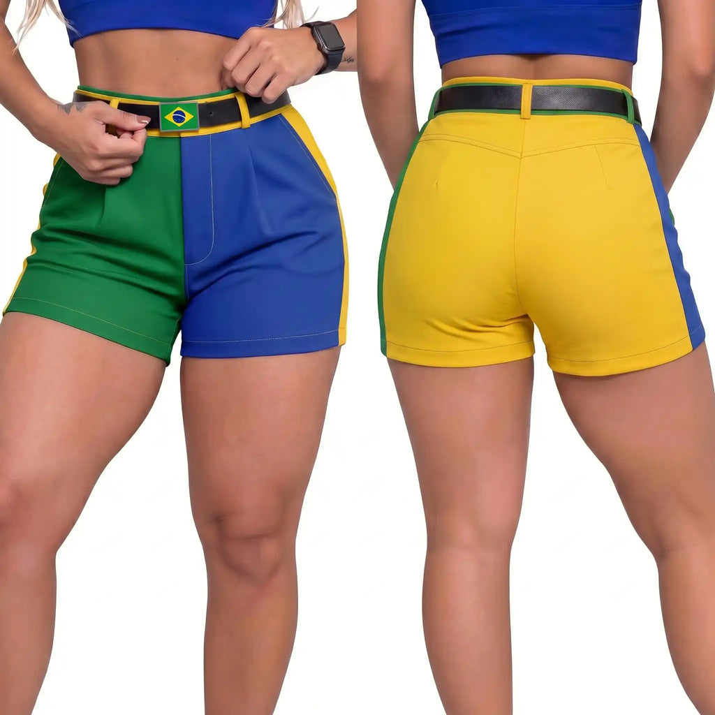 Modelo vestindo short alfaiataria feminino brasil cintura alta cinto fivela amarelo — look elegante Copa 2026 VAI DAR BRASIL