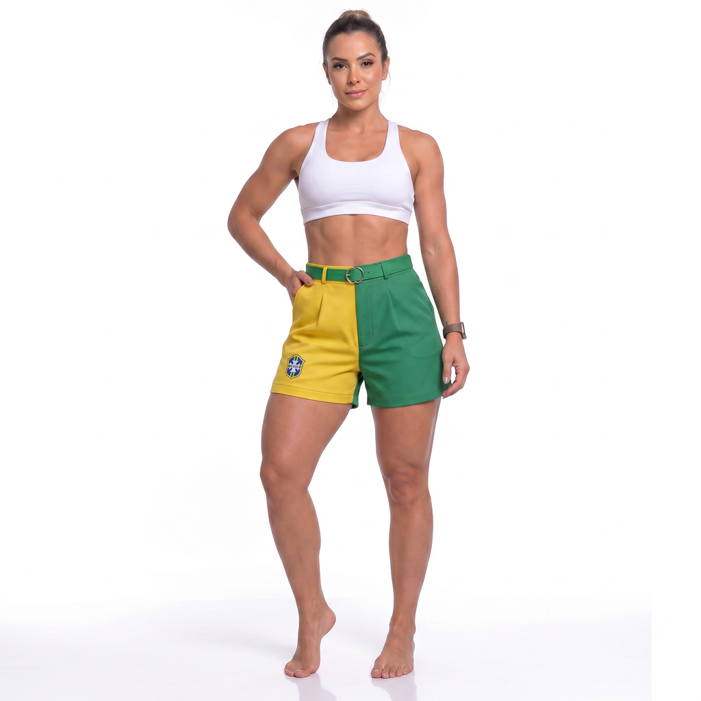 Short social feminino brasil brasão fivela dourada alfaiataria verde — vista frontal — VAI DAR BRASIL Copa 2026
