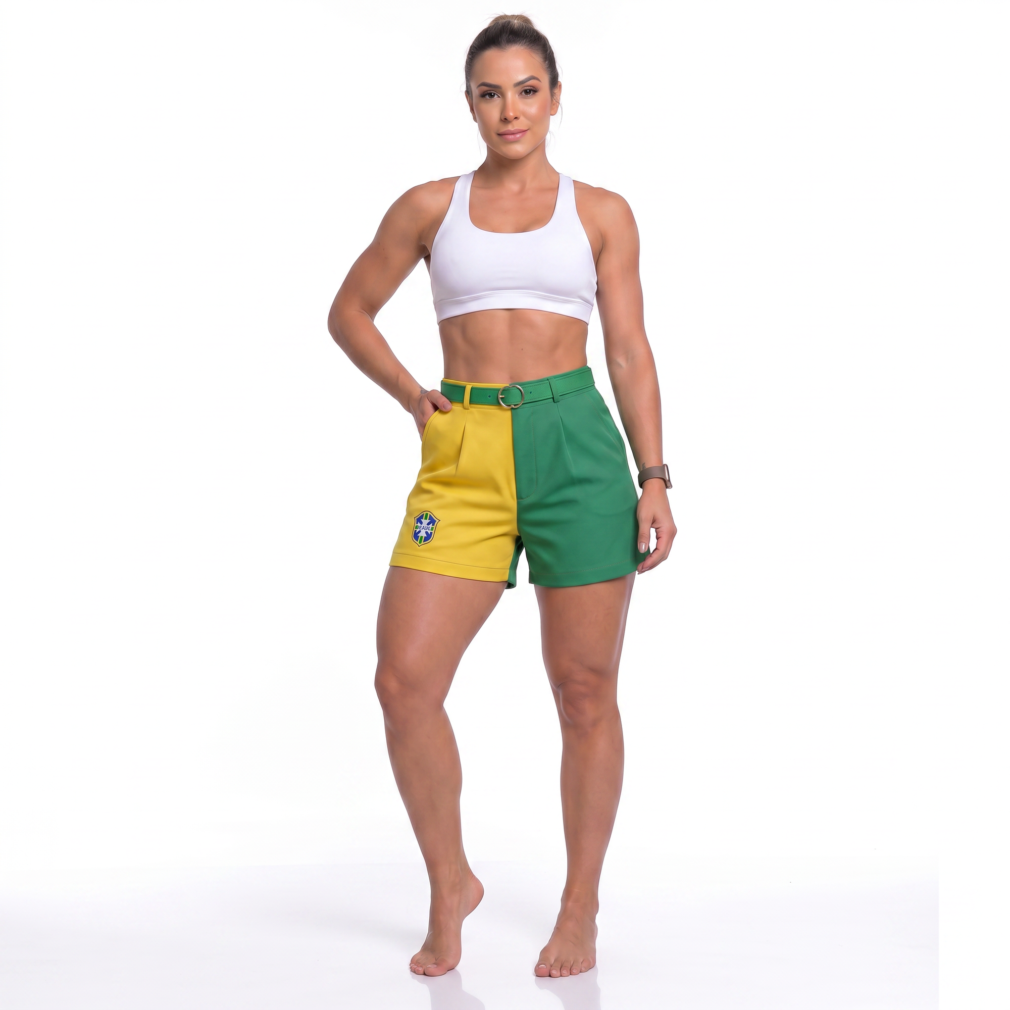 Short social feminino brasil brasão fivela dourada alfaiataria verde — vista frontal — VAI DAR BRASIL Copa 2026
