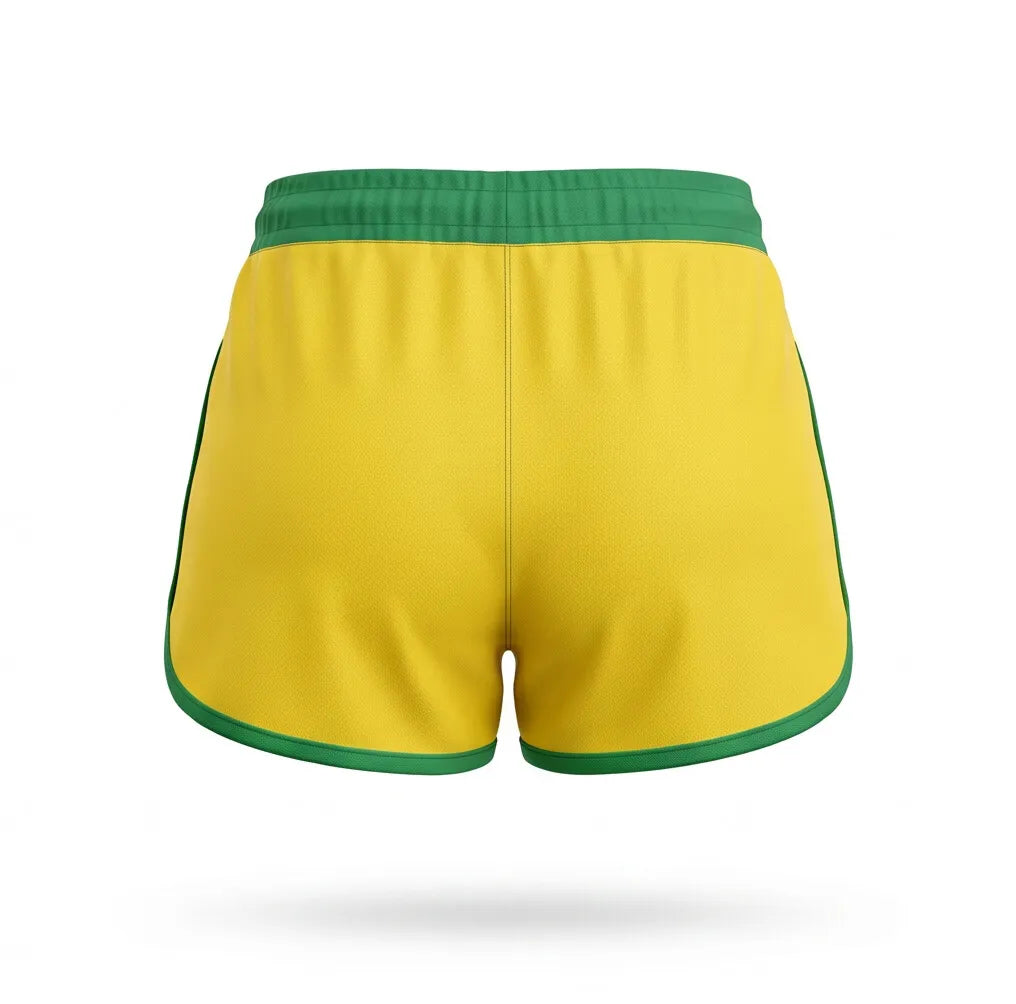 Vista traseira short feminino brasil suplex bordado branco amarelo — fit slim modelador Copa 2026 VAI DAR BRASIL
