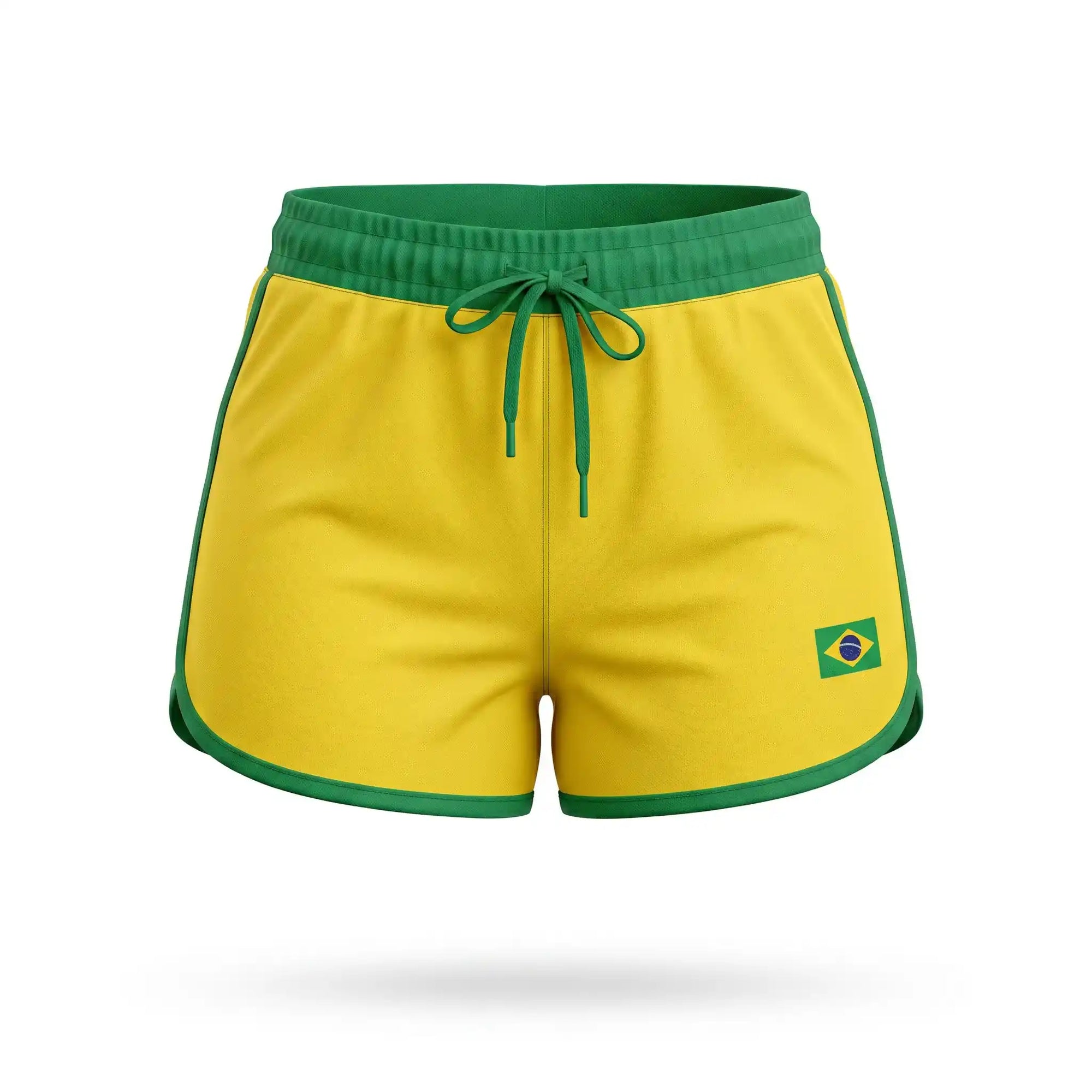 Short feminino brasil suplex bandeira bordada amarelo — vista frontal — VAI DAR BRASIL Copa 2026 modelador