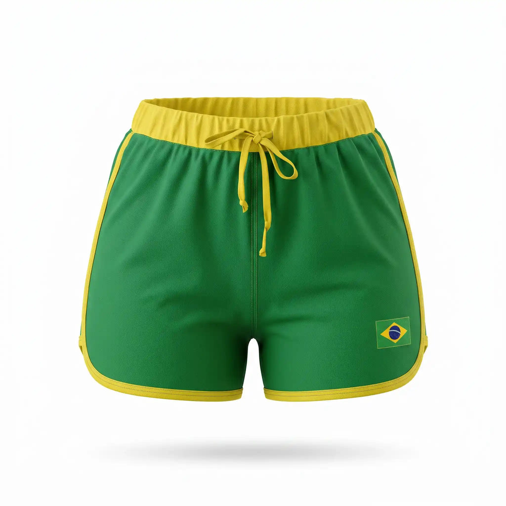 Short feminino brasil suplex bandeira bordada verde — vista frontal — VAI DAR BRASIL Copa 2026 modelador