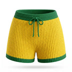 Short feminino crochê tricô vazado amarelo cores do brasil — vista frontal — VAI DAR BRASIL Copa 2026 artesanal