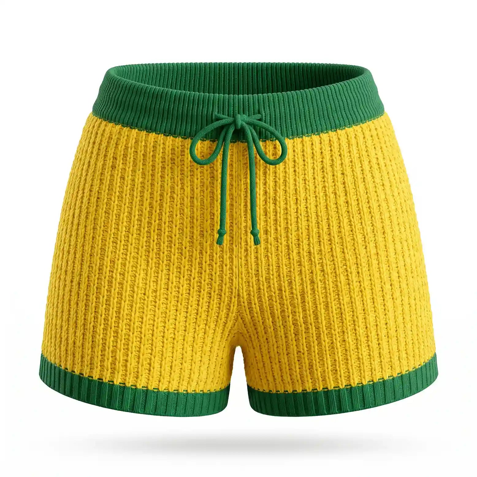 Short feminino crochê tricô vazado amarelo cores do brasil — vista frontal — VAI DAR BRASIL Copa 2026 artesanal