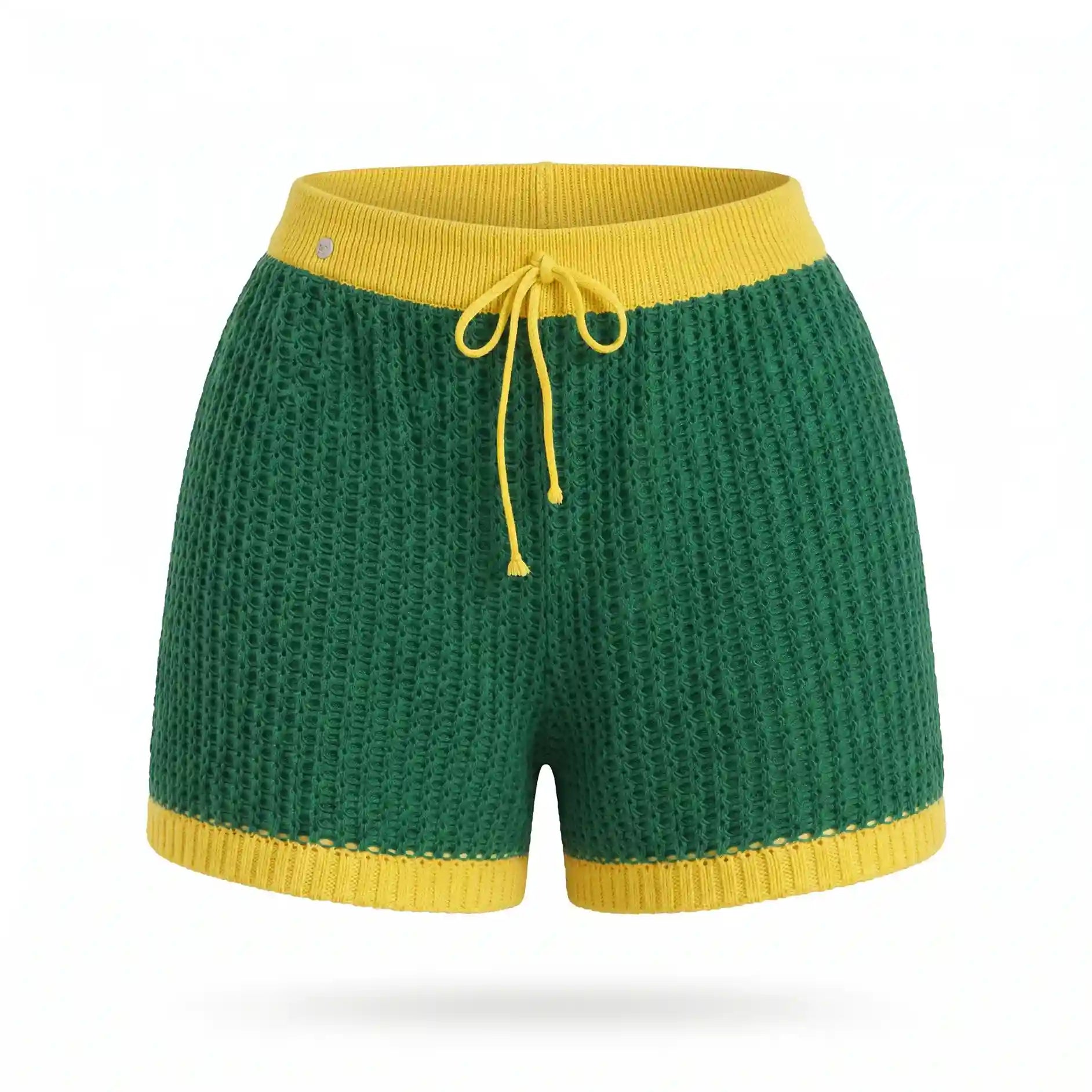 Short feminino crochê tricô vazado verde cores do brasil — vista frontal — VAI DAR BRASIL Copa 2026 artesanal