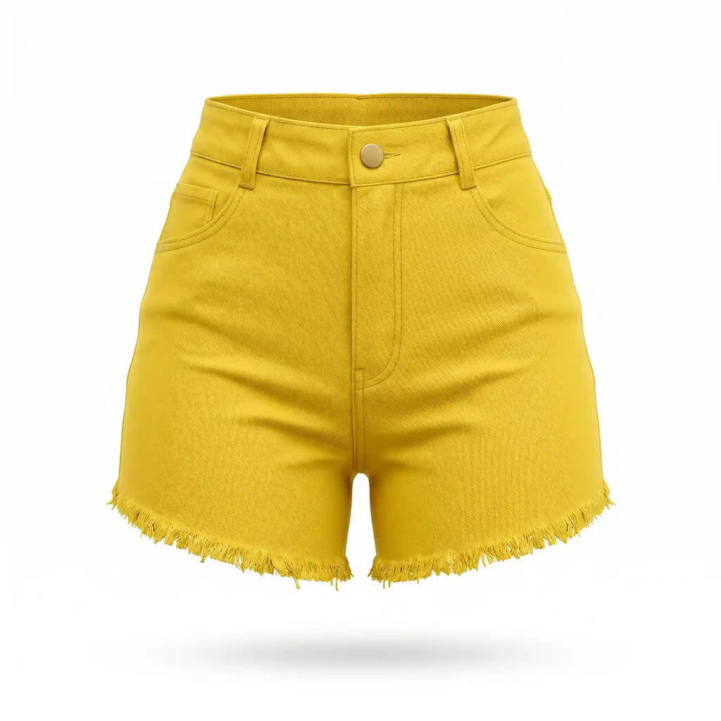 Short jeans colorido feminino brasil amarelo cores bandeira — vista frontal — VAI DAR BRASIL lançamento Copa 2026
