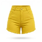 Short jeans colorido feminino brasil amarelo cores bandeira — vista frontal — VAI DAR BRASIL lançamento Copa 2026