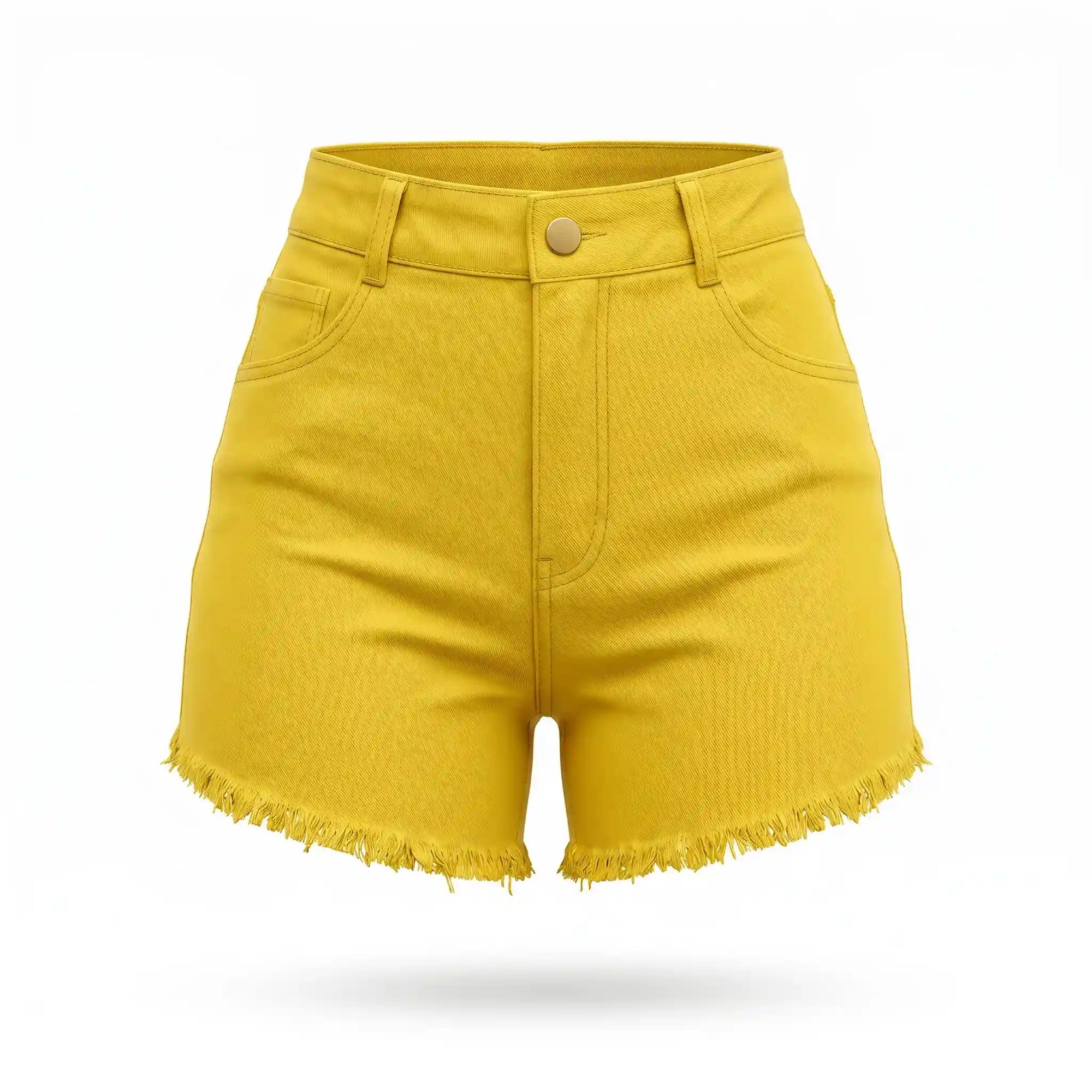 Short jeans colorido feminino brasil amarelo cores bandeira — vista frontal — VAI DAR BRASIL lançamento Copa 2026